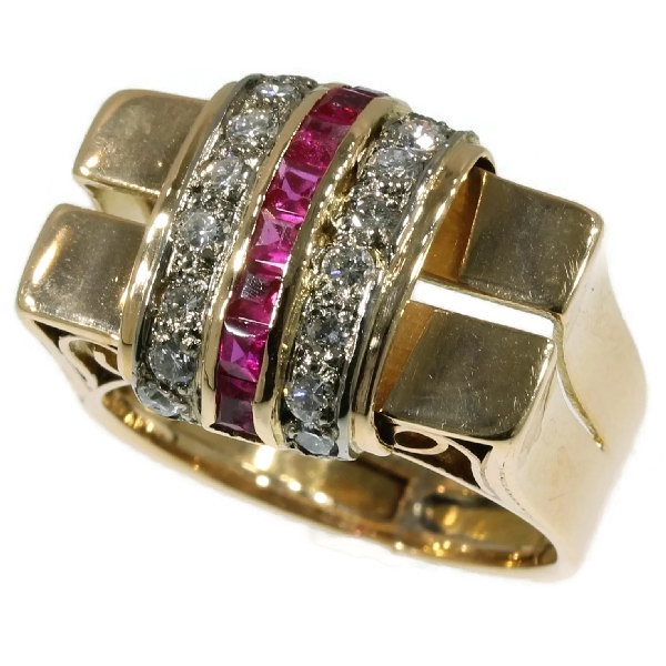 Charming red gold retro ring with rubies and diamonds